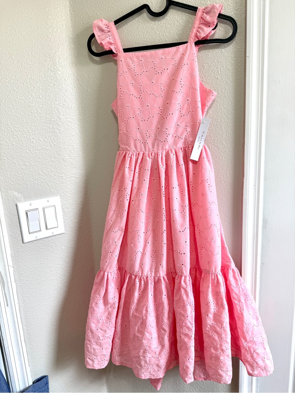 Tahari Pink Eyelet Ruffle-Shoulder Tiered Dress